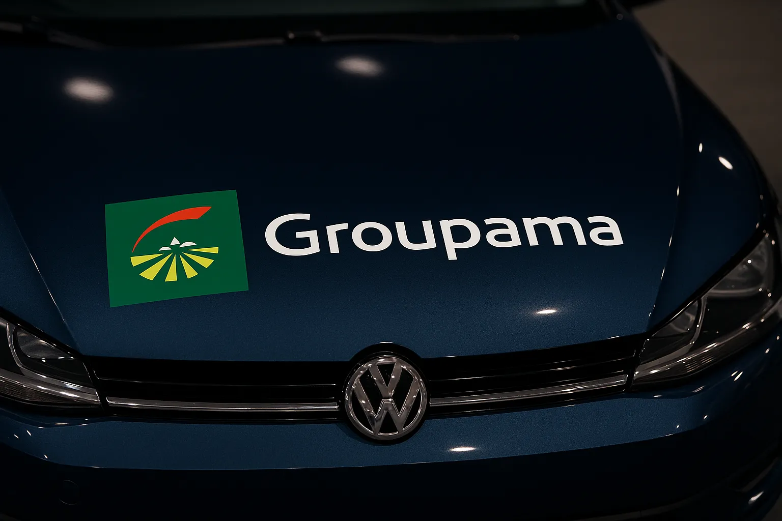 Groupama logotip na pokrovu avtomobila – Frko d.o.o. pogodbeno cenilno mesto za prijavo škode
